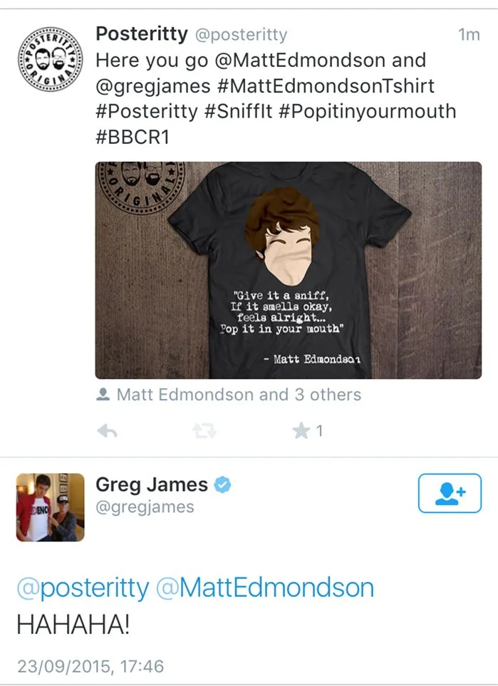 Twitter post showing a black T-shirt with a cartoon illustration of a person's face and a quote from Matt Edmondson. The quote reads: "Give it a snif, if it smells okay, feels alright... Pop it in your mouth". The post includes hashtags and mentions 