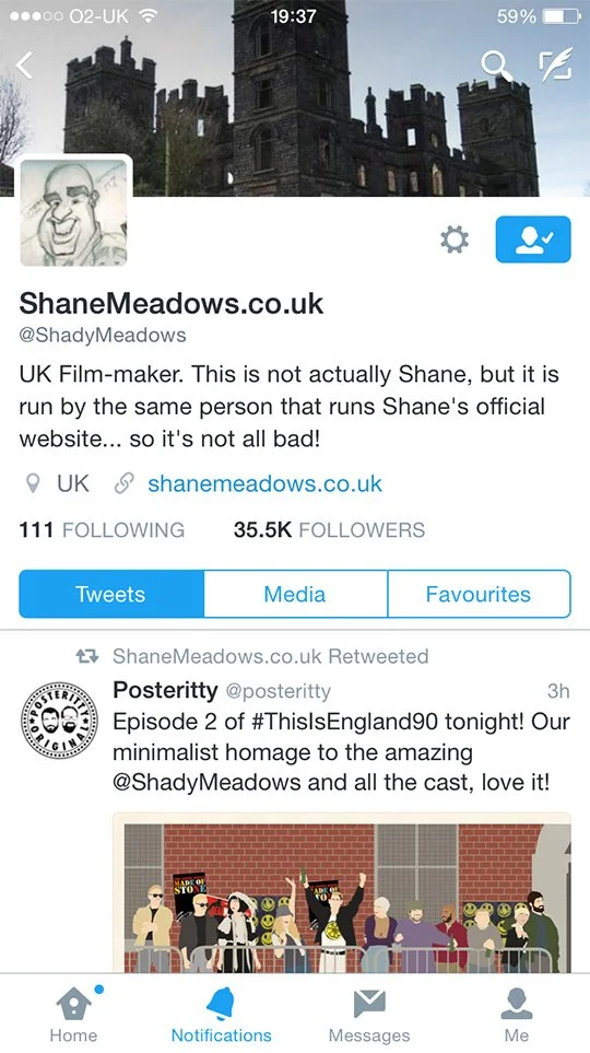 A screenshot of a Twitter profile of Shane Meadows, a UK film-maker, with a header image of a castle and a profile picture of a sketched portrait of a man.