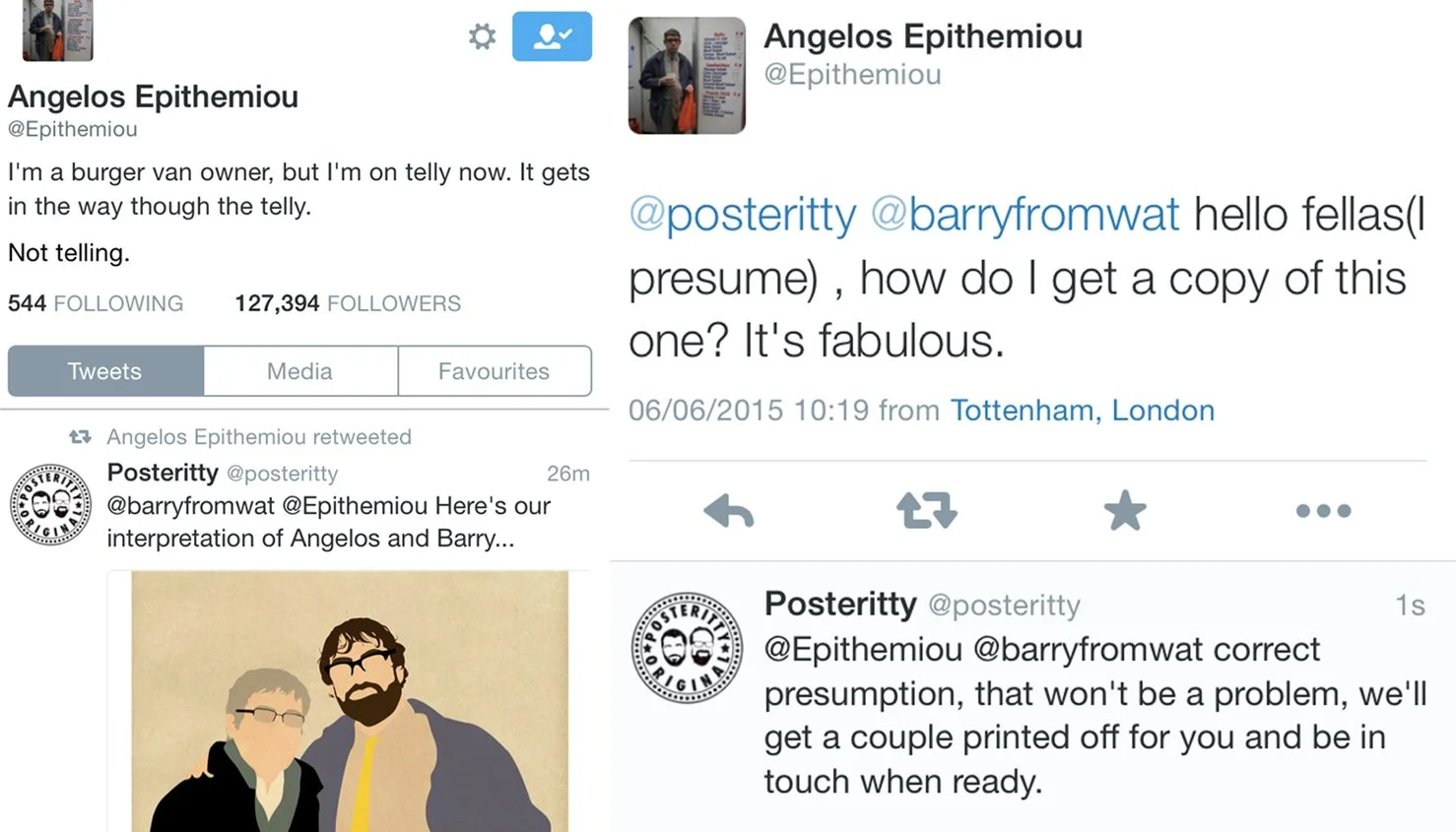 A screenshot of multiple tweets from Angelos Epithimiou’s Twitter profile and interactions. It includes his profile picture, bio, and tweets referencing other users and images, with some retweets and replies visible.