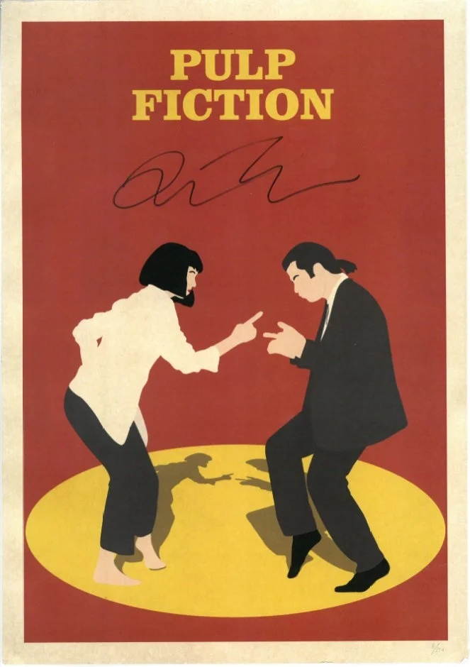 A poster for the movie "Pulp Fiction" featuring illustrated figures of a woman and a man dancing or fighting on a yellow circular stage, with the title "PULP FICTION" in bold yellow letters at the top and a signature underneath.
