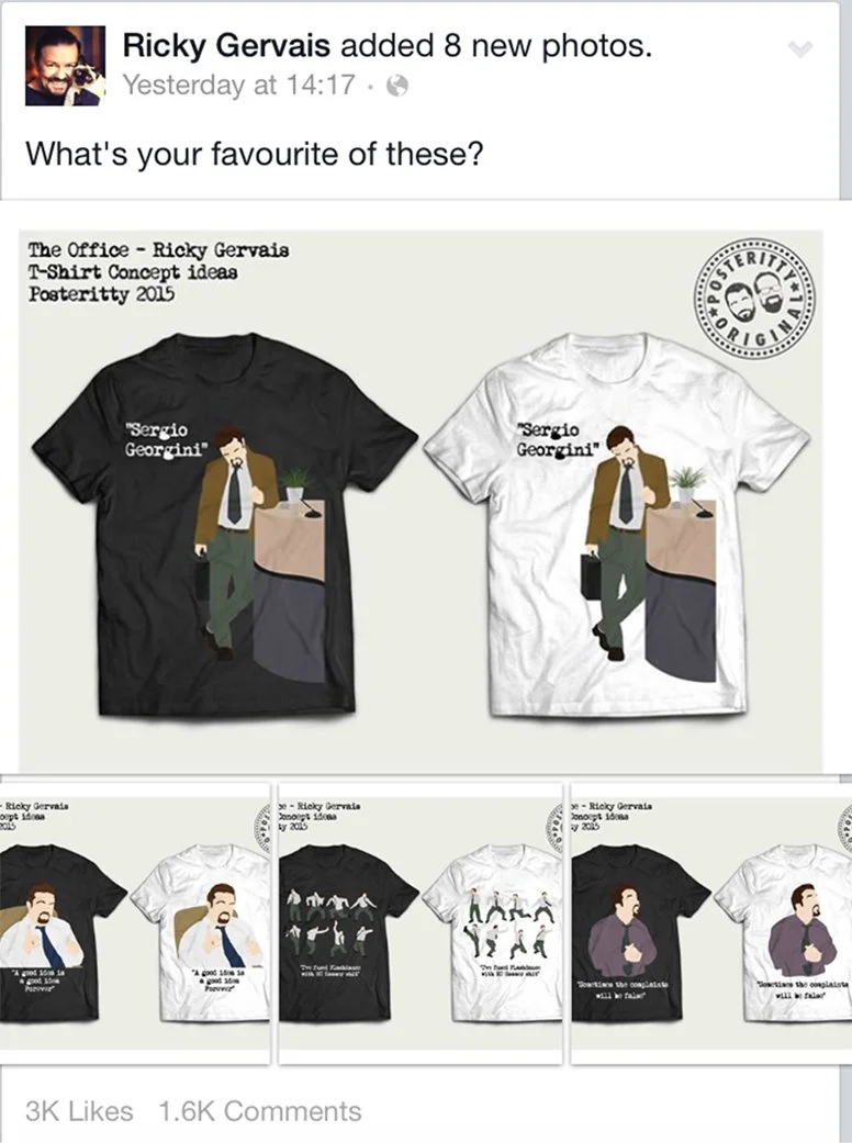 Design concept images for T-shirts featuring illustrations of a man named Sergio Georgini in various poses and scenes, with captions like "A good film is a good film - Forward" and "The office - Ricky Gervais."
