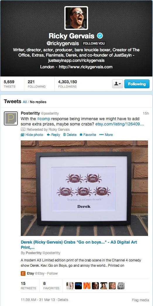 Twitter profile of Ricky Gervais showing his verification badge, profile picture, and bio as writer, actor, producer, and co-founder of JustSayin, with a tweet about crab art.