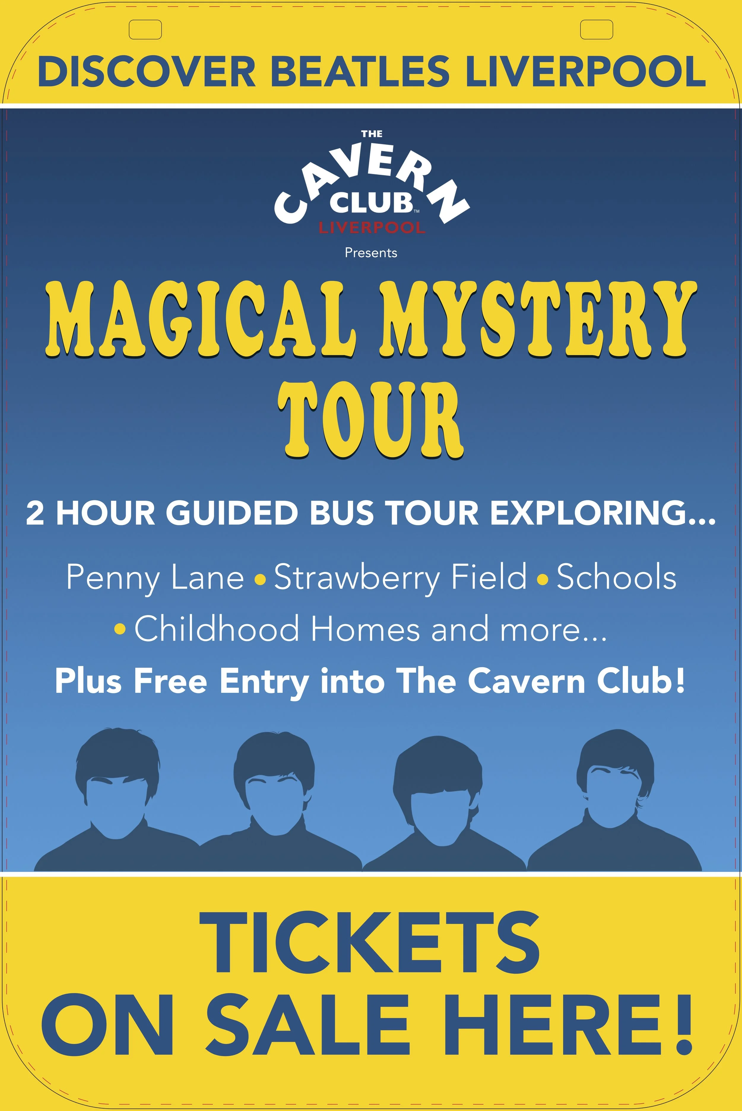 Ticket for a guided bus tour exploring Liverpool, including Penny Lane, Strawberry Field, schools, childhood homes, with free entry to The Cavern Club.