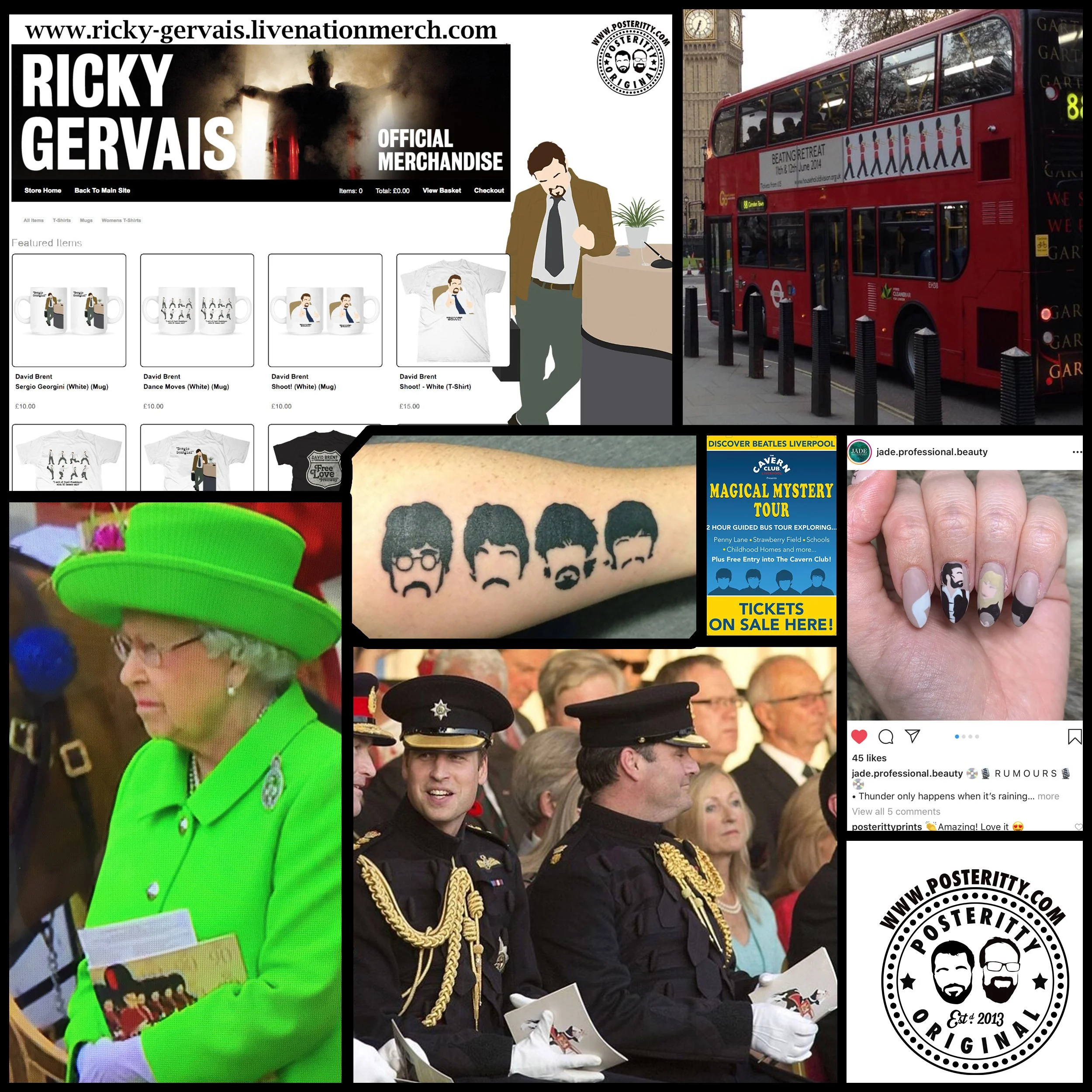 A collage featuring a website promoting Ricky Gervais merchandise, a red London double-decker bus with signs and graphics, a woman in bright green clothing and hat, a tattoo of a band with men's faces, a group photo of men in formal attire, and various posters and advertisements including a Beatles Liverpool tour and nail art.