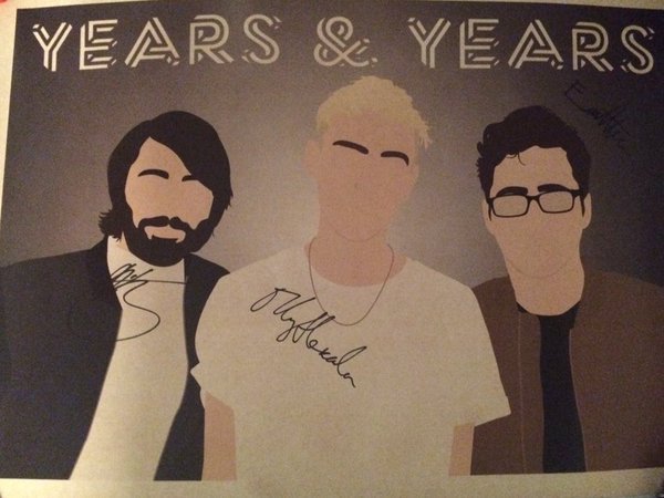 Photograph of three male musicians with illustrated faces, signatures, and the text 'Years & Years' at the top.