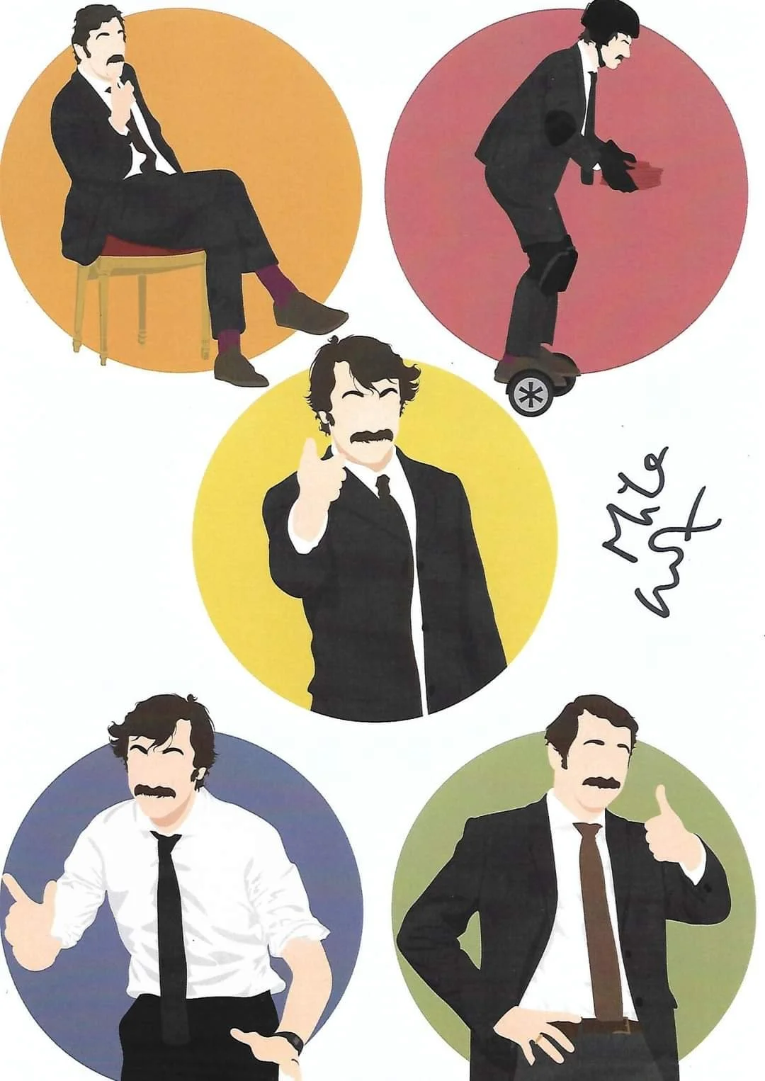 Illustration of five different images of a man with a mustache and dark hair, dressed in a black suit. In the top left, he is sitting on a chair, with one leg crossed over the other and a hand on his chin. In the top right, he is riding a hoverboard,