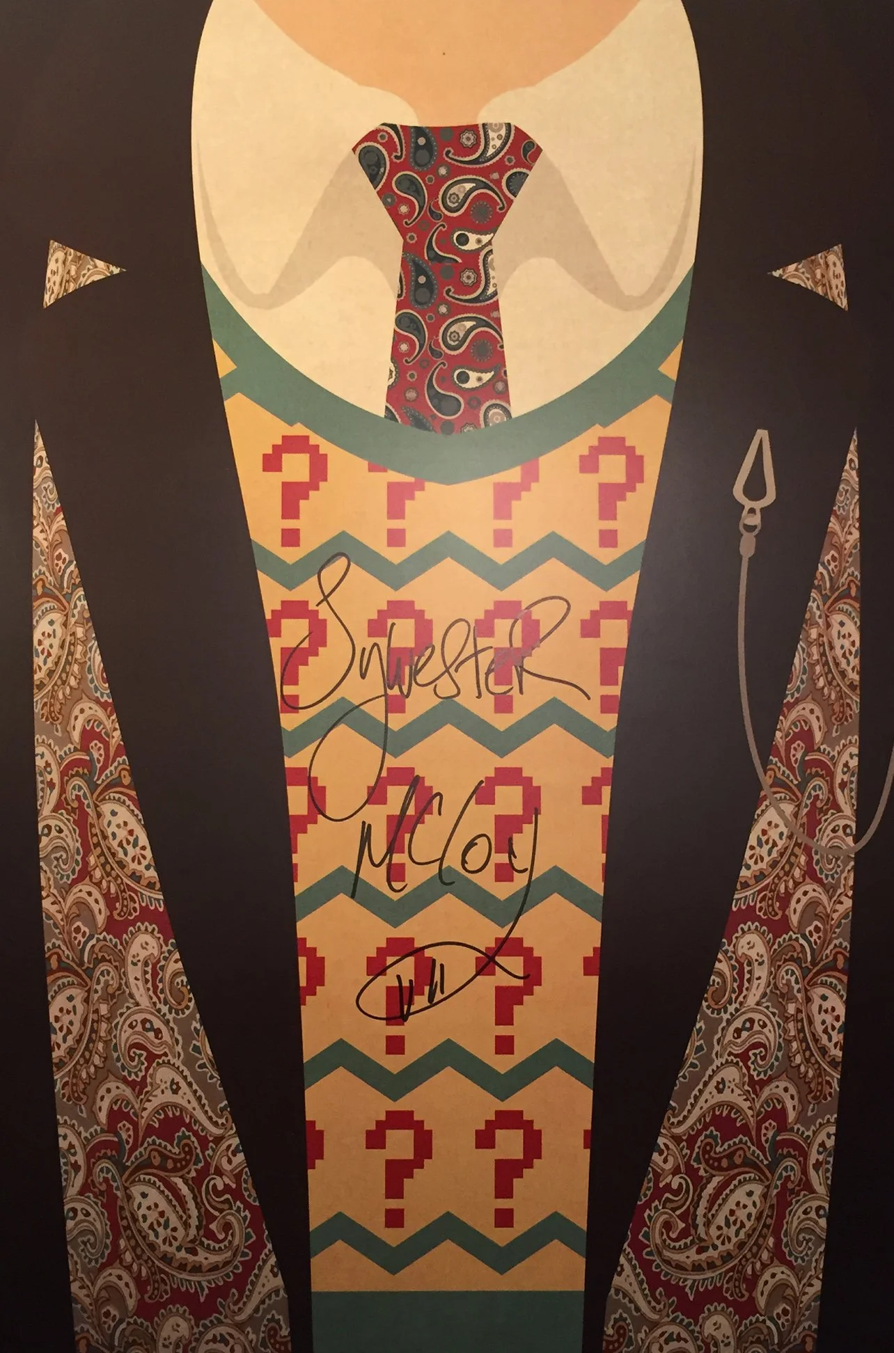 Illustration of a person in a suit with a paisley shirt and a tie with a question mark pattern. The person has a speech bubble with the word squared and some signatures or handwritten text.