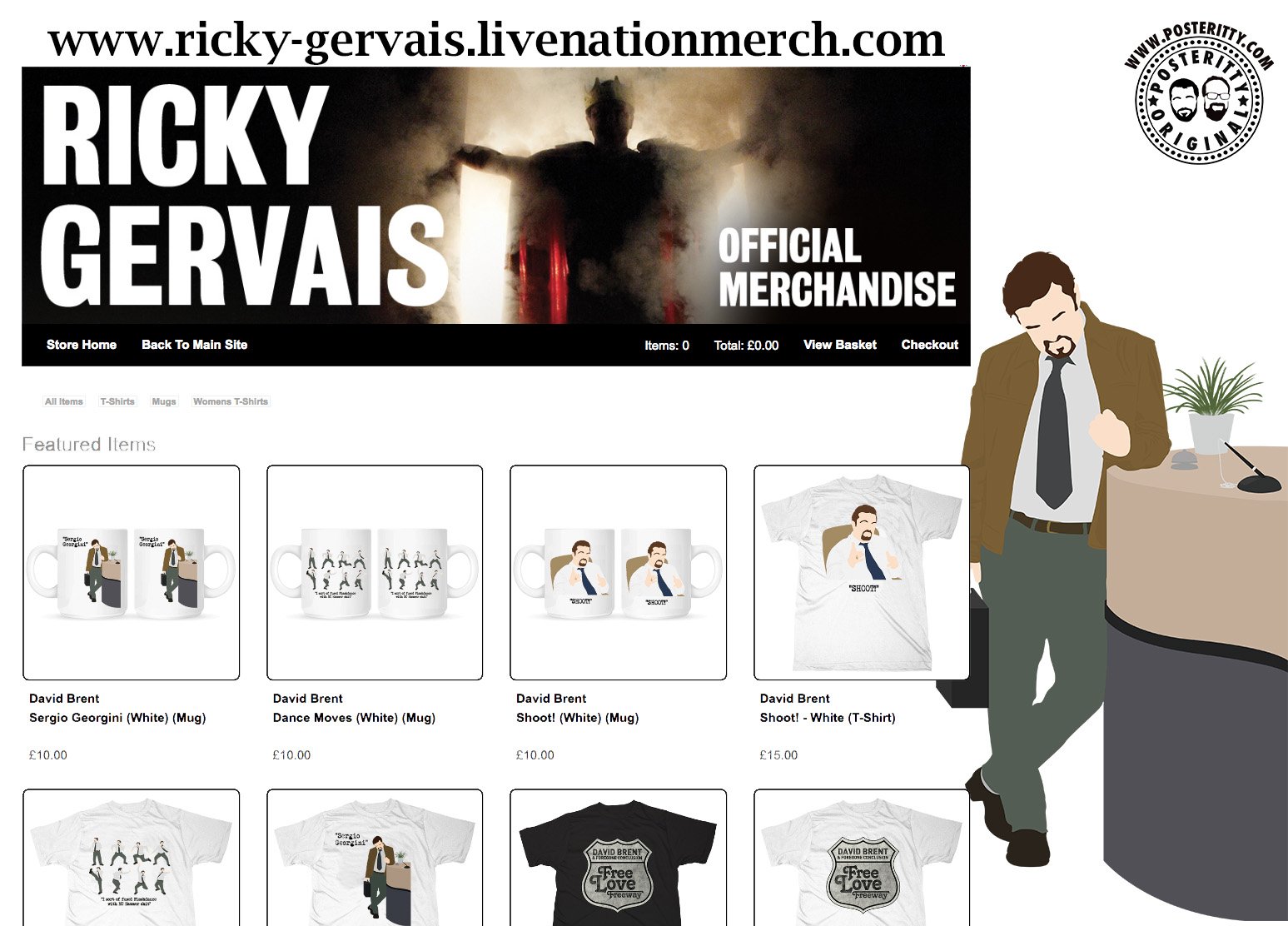 Screenshot of a website selling Ricky Gervais merchandise, featuring a black banner with a cloudy background and a figure with outstretched arms, alongside a cartoon man in a brown jacket and tie standing next to a desk with a plant. The page display