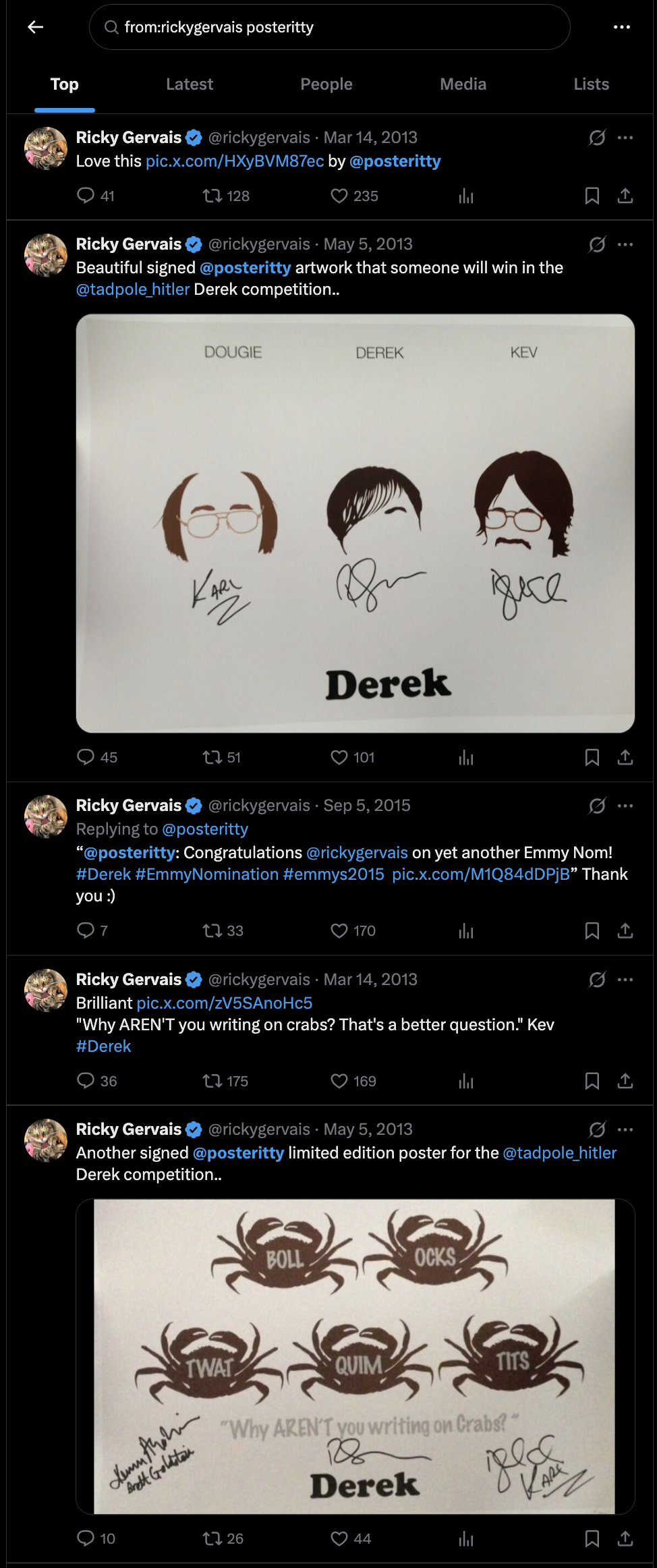 A signed art print by Rick Gervais features sketches of three characters labeled Dougie, Derek, and Kev, with signatures beneath each. The print also includes the phrase "Derek" in bold at the bottom.