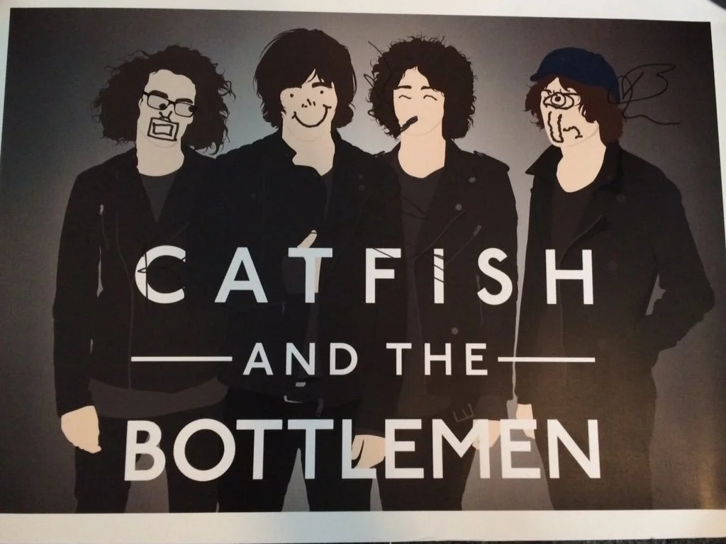 Black and white illustration of four men wearing black jackets with cartoon faces and hot sauce on their lips, with text that reads 'Catfish and the Bottlement'. 