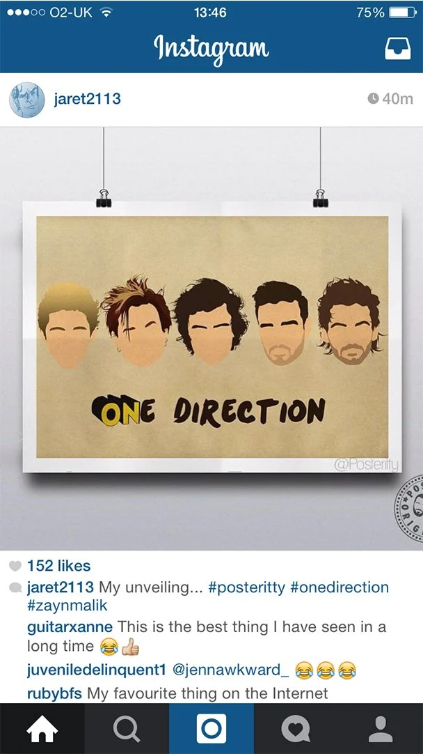Illustration of the five members of the band One Direction with the text "ONE DIRECTION" beneath