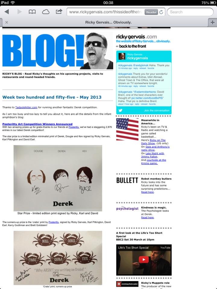 A webpage of Ricky Gervais' blog from May 2013, featuring a black-and-white image of Ricky Gervais with sunglasses, and several sections including a Twitter feed, art competitions, and sports updates.