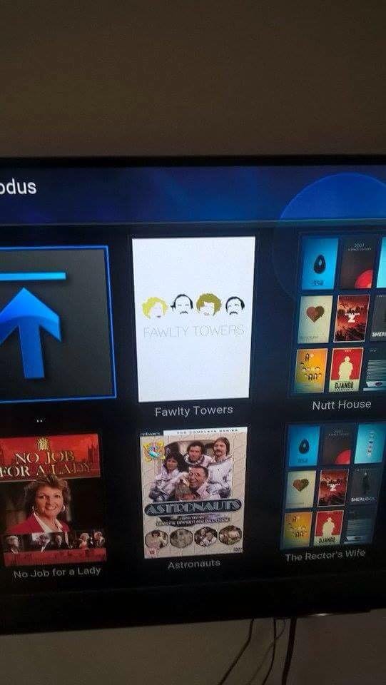 Television screen displaying various movie and TV show thumbnails, including "Fawlty Towers," "No Job for a Lady," "Astronauts," and "The Rector's Wife."