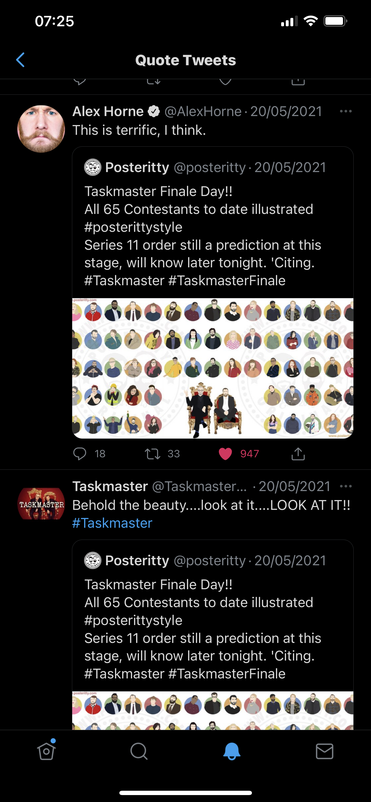 Screenshot of a Twitter conversation with posts about the Taskmaster finale, including a collage of illustrated portraits of contestants and hosts.