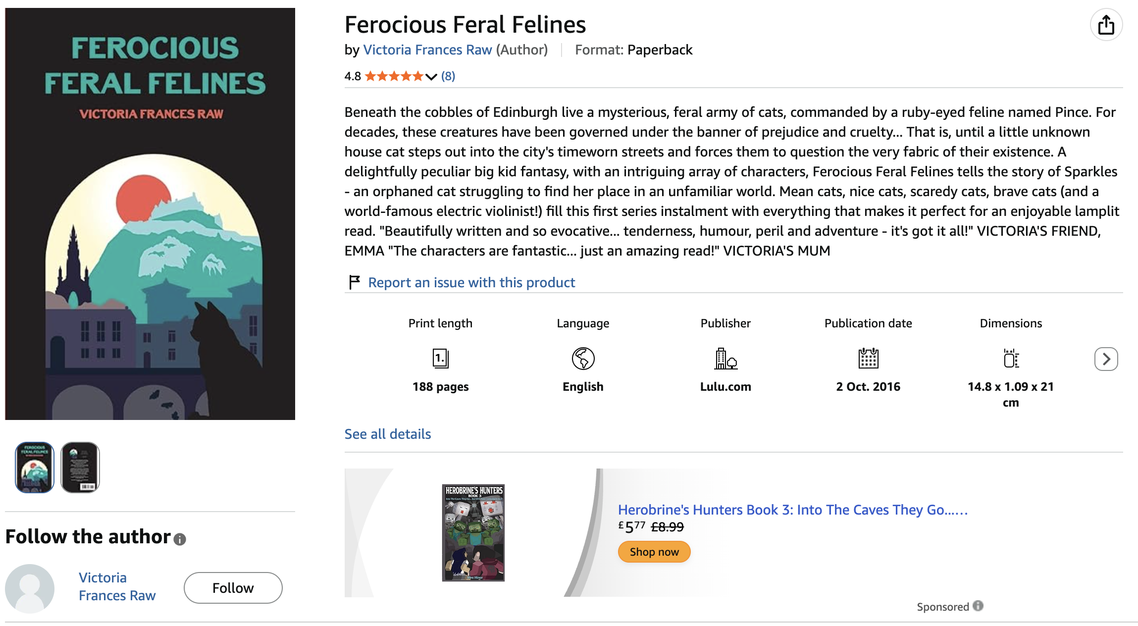 Book cover titled "Ferocious Feral Felines" by Victoria Frances Raw, featuring an illustrated silhouette of a black cat in front of a cityscape with a mountain and a setting sun or moon in the background.