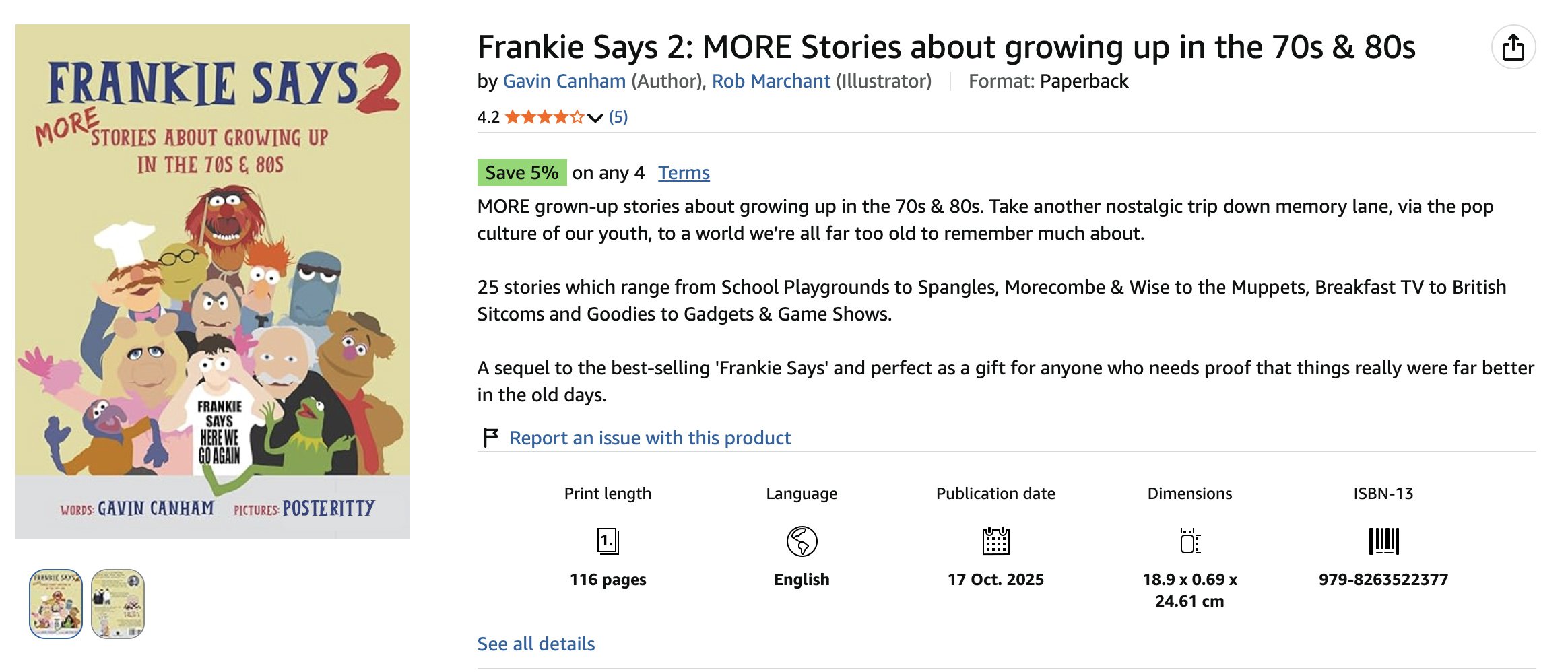 Book cover titled 'Frankie Says 2: More Stories about Growing Up in the 70s & 80s' featuring cartoon characters resembling monsters, robots, and animals on a yellow background.