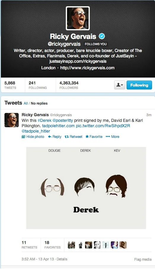 Screenshot of Ricky Gervais's Twitter profile, showing his profile picture, name, handle (@rickygervais), follower count, and a tweet about winning a Derek poster signed by him, David Earl, and Karl Pilkington, including an image of cartoon sketches 