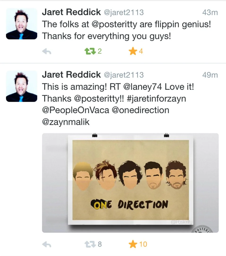 Twitter posts by Jaret Reddick featuring a cartoon illustration of the five members of One Direction with the band name written underneath.