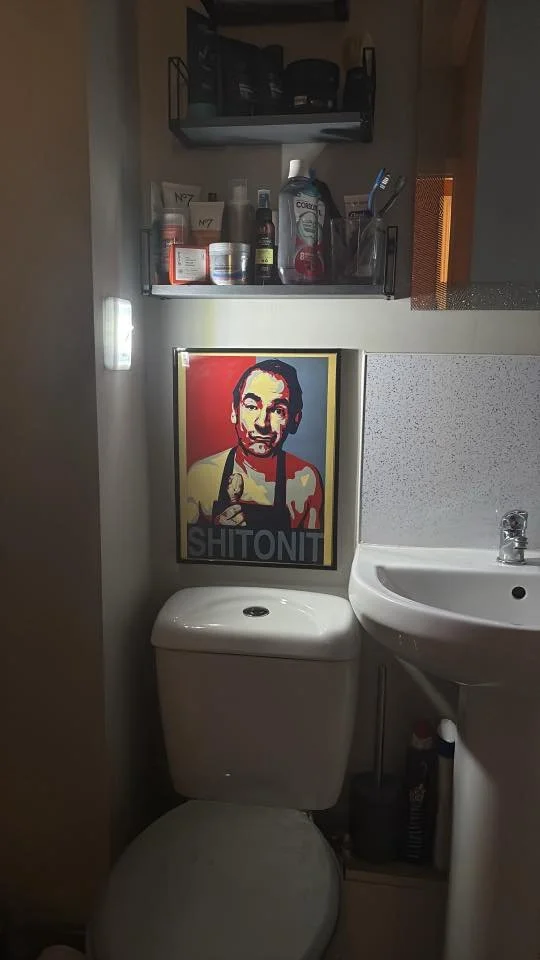 A bathroom with a toilet and a sink. Above the toilet is a framed pop art style poster of a man with the caption "SHITONIT". A shelf holds various toiletries and bathroom supplies.