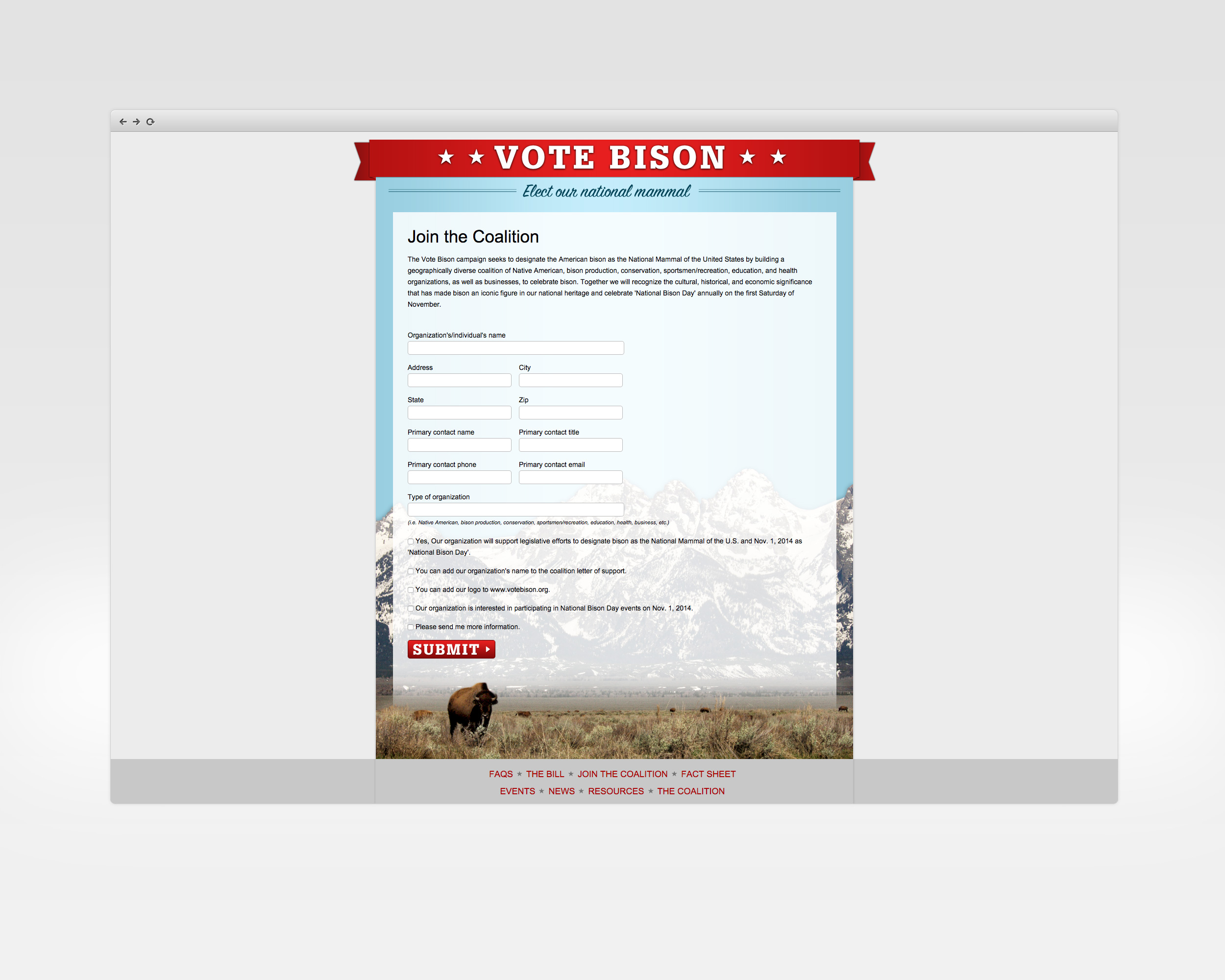   vote bison   design, ux, development   Microsite to support effort&nbsp;to create a&nbsp;federal designation of&nbsp;bison as the national mammal.   View Project     