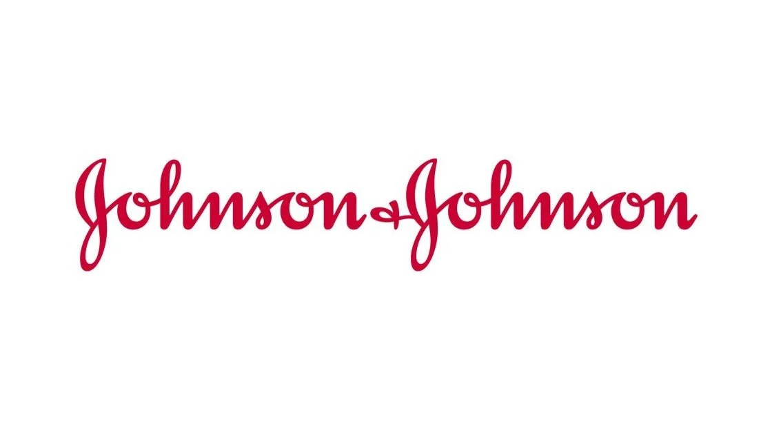 Johnson & Johnson logo in red cursive font on white background.