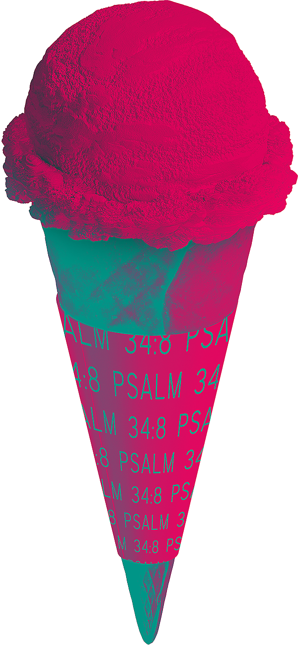 Surreal high-contrast image of an ice cream cone with a wrapper labeled ‘Psalm 34:8’, blending bold design with spiritual symbolism to illustrate the invitation to ‘Taste and see that the Lord is good.’