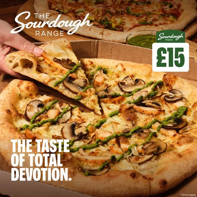 Papa Johns chicken pesto sourdough pizza with artwork
