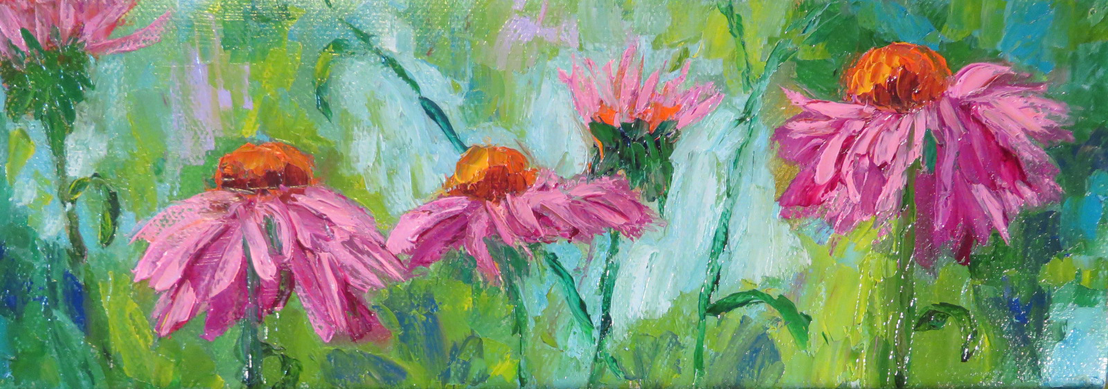 Cone Flower Fantasy 12 x 4 Oil by Ann McCann ©2015