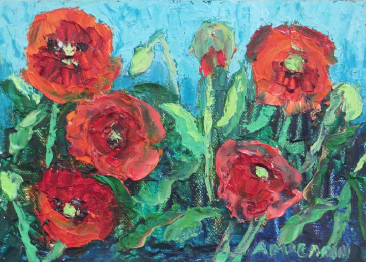 I am finally finishing the paintings I started on my wild flower tour of South Texas in April. These are poppies I painted while standing in a field of them at the Wild Seed Farm in Fredericksburg, TX. What an amazing site, a field of red poppies blowing in the wind.