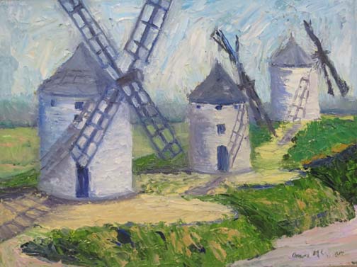 These are the windmills of Don Quixote at La Mancha, or at least very similar ones. They are quite old and are next to a medieval castle. It felt like we were painting on top of a mountain, and we could touch the very blue sky.