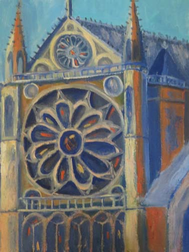 (c)Ann McCann, "Notre Dame in Blue and Orange," 9 X 12 Oil on archival linen panel