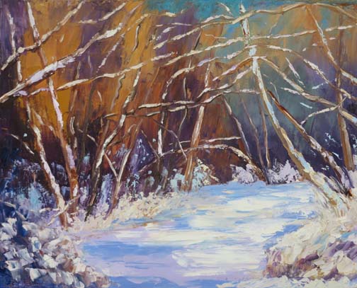 (c)Ann McCann, "Snowy Afternoon in the Woods," Oil on gallery wrap canvas, 16 X 20"