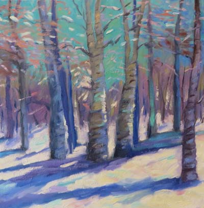 (c)Ann McCann, Aspen Shadows on Snow, Oil on Gallery Wrap Canvas, 20 X 20"
