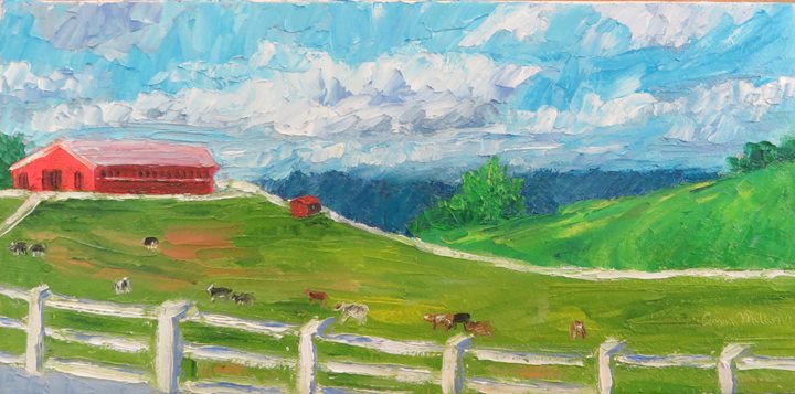 (c)Ann McCann 2016, "Sky at Horsebarn Hill with Cattle," Oil on canvas, 6 X 12 