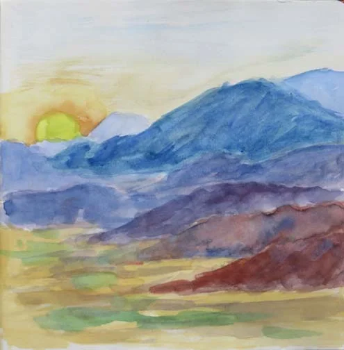 Watercolor and ink sketch of the Chiso Mountains in Terlingua, Texas