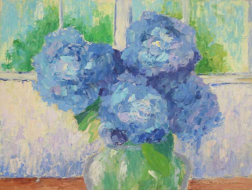 "Cobalt Hydrangea Interior" by Ann McCann 9 X 12 Oil on archival panel (c) 2017