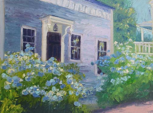 "Cape Cod House with Hydrangeas" 9 X 12 Oil (c) Ann McCann 2017