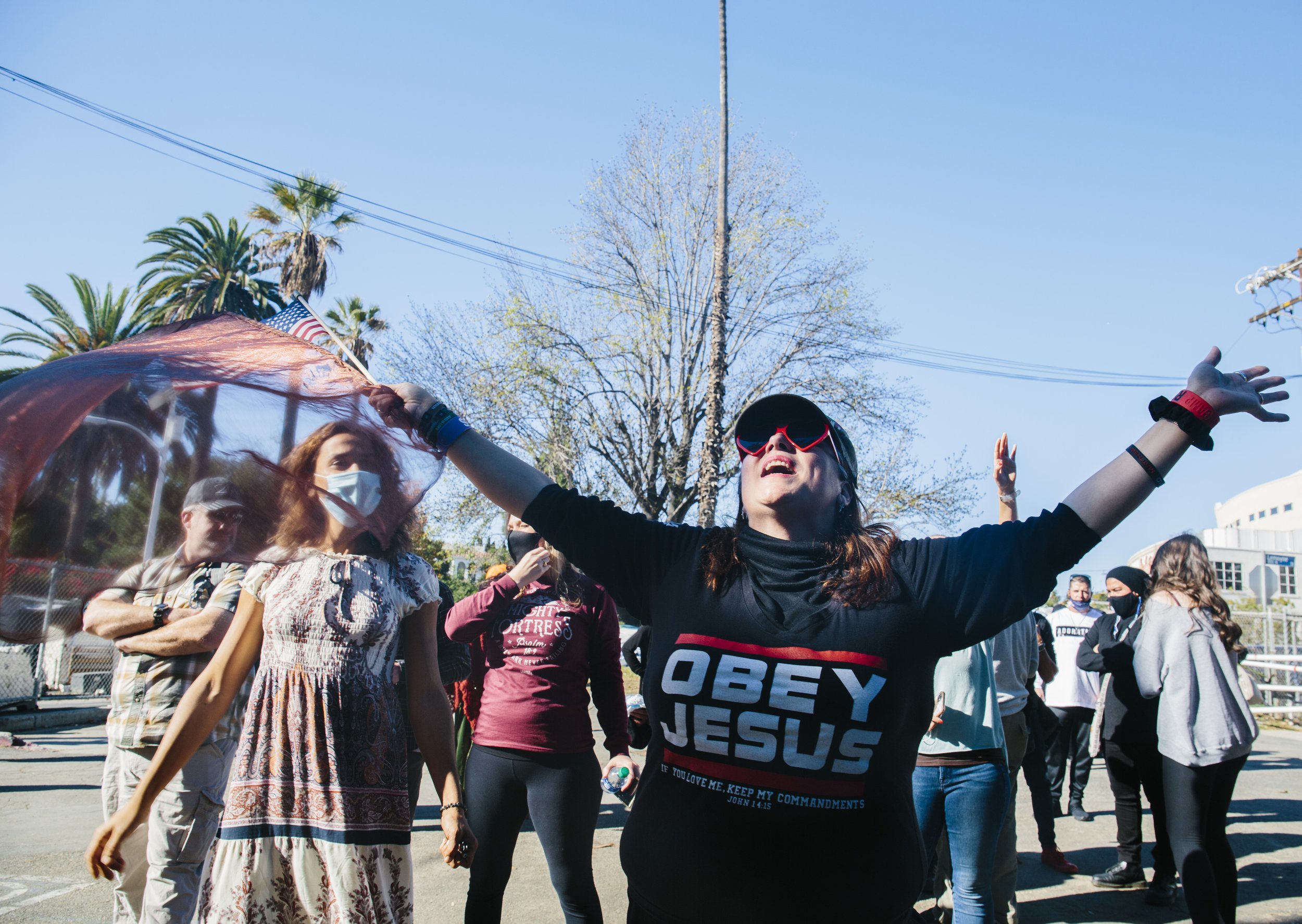  An anti-mask, evangelical group descended on Echo Park, an area with a large unhoused population, in Los Angeles, CA. December 2020. 