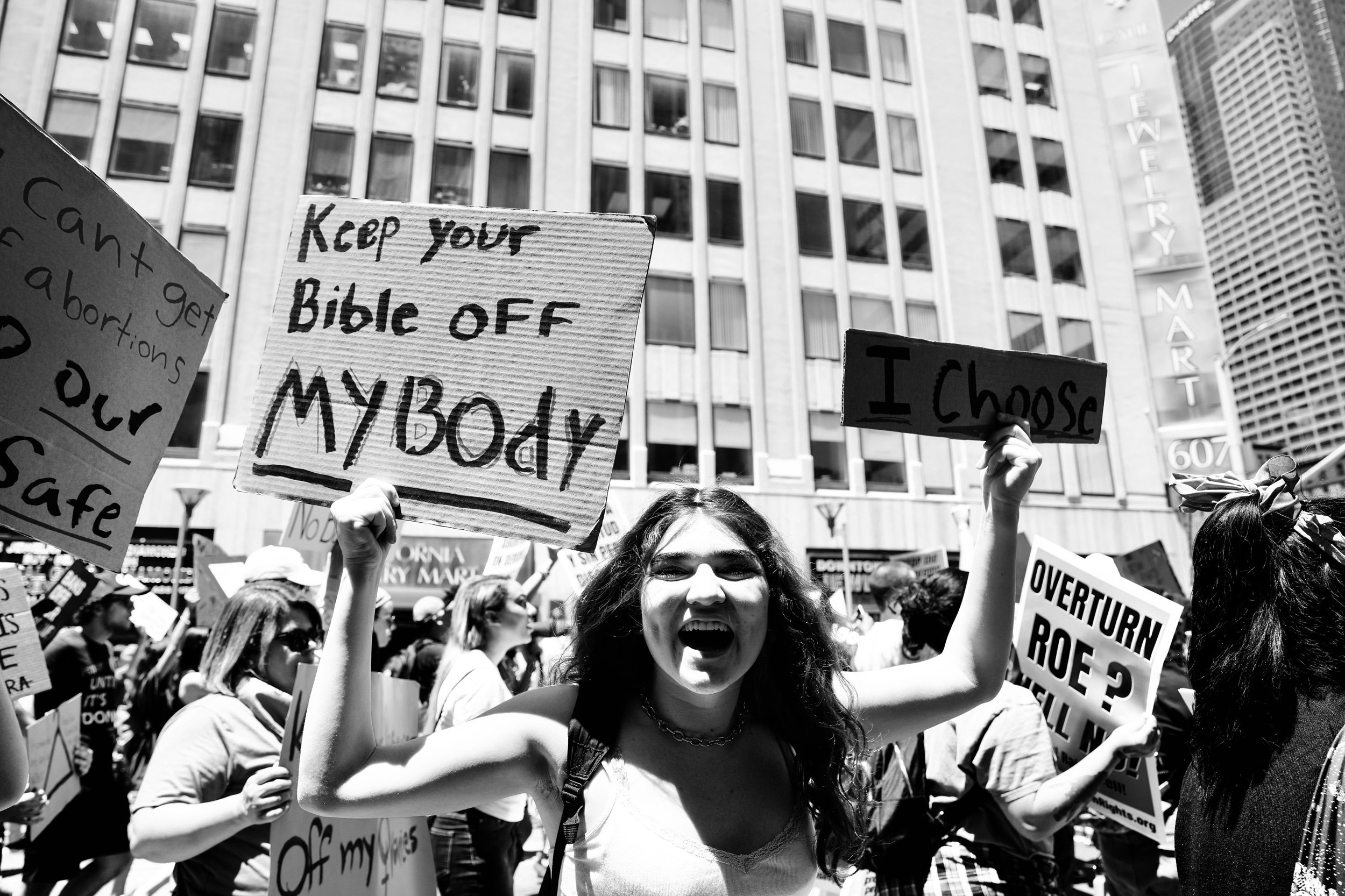  Protest in downtown Los Angeles, after the supreme court’s decision to overturn Roe v Wade was leaked. 2022. 