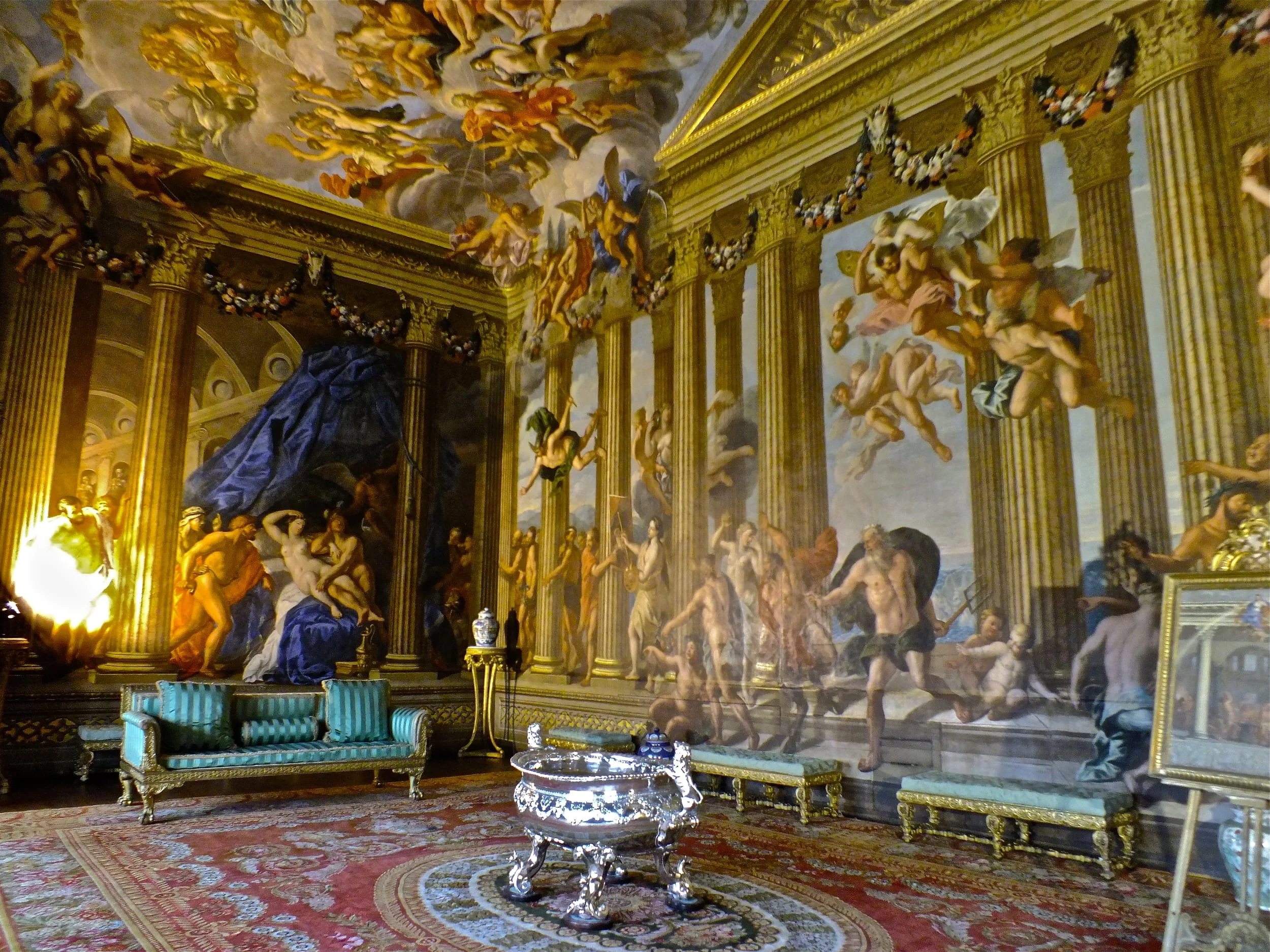 The ‘Heaven Room' (above) was once the dormitory for the Belgium soldiers. In the centre now sits the largest solid silver wine cooler in England – it’s tricky to get a sense of scale, but it's seriously large enough to bath in.