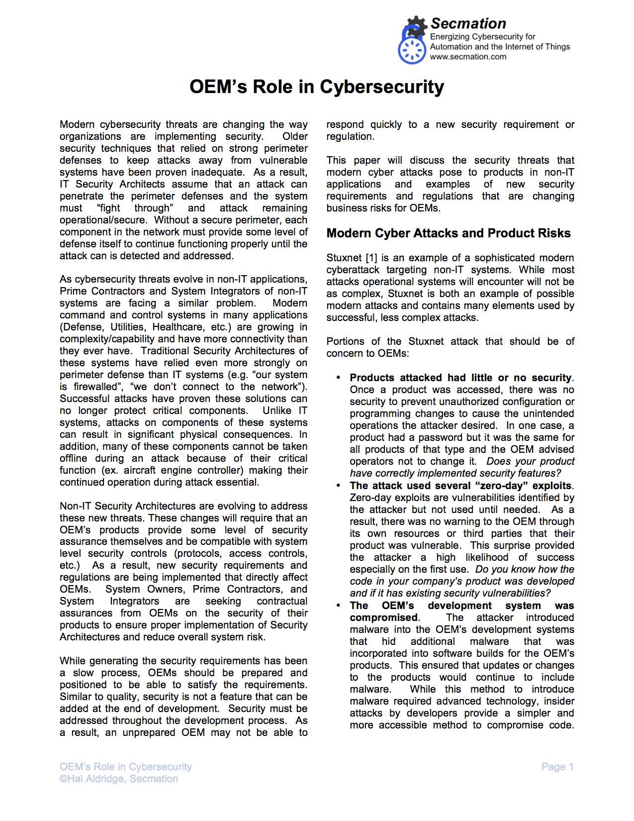 OEM's Role in Cybersecurity