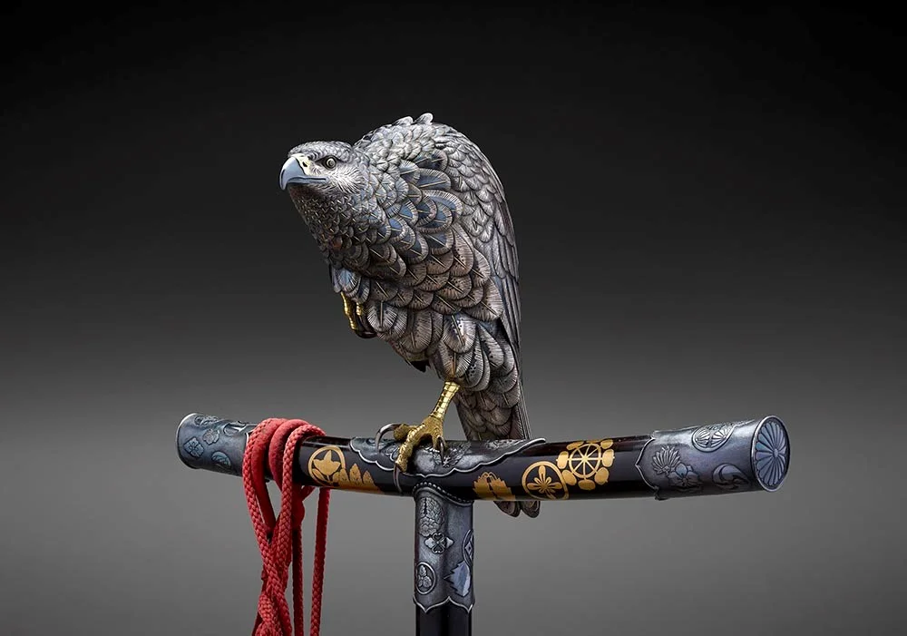 Aoki Tomonobu (Ichiryu), Censer (Kora) in the Form of a Hawk (detail), c. 1895, silver, shibuichi, shakudo, and gold, the Museum of Fine Arts, Houston, Museum purchase funded by Nidhika and Pershant Mehta; Dr. Ellen R. Gritz and Mr. Milton D. Rosenau, Jr.; Dr. David Y. Graham; Drew and Laura Tingleaf; Manmeet and Paul Likhari; and Friends of Asian Art.