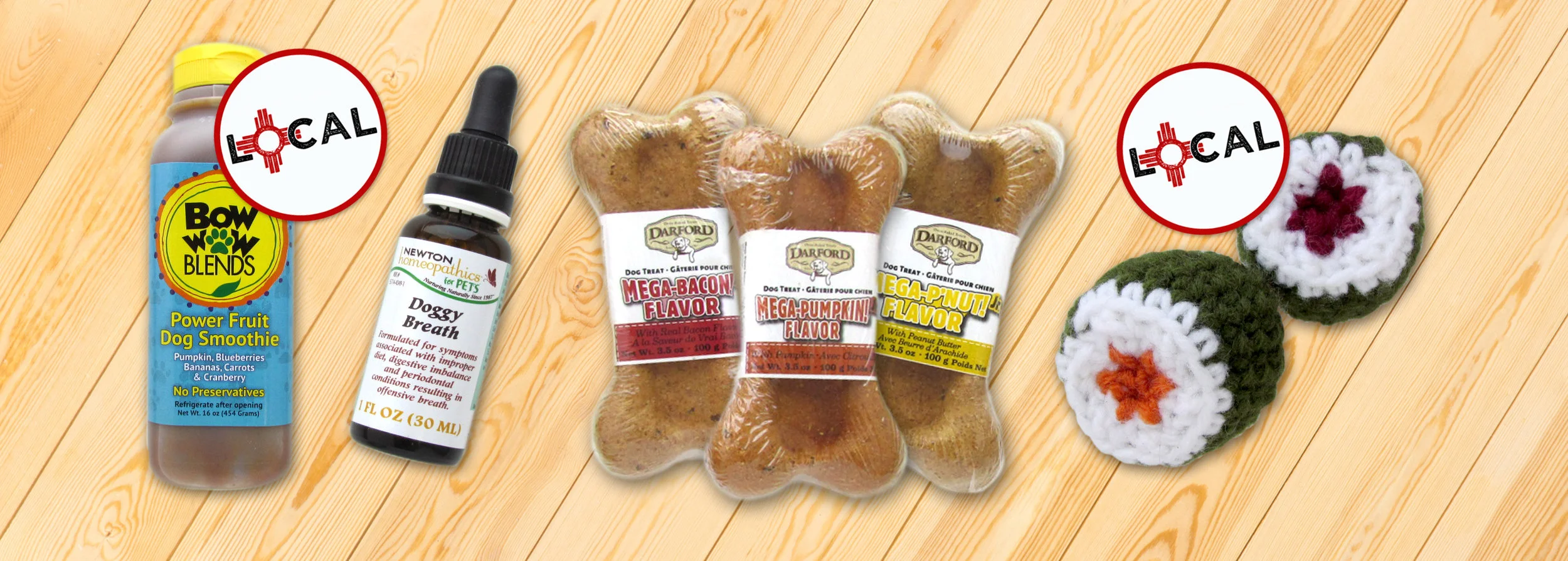 From left: Bow Wow Blends Power Fruit Dog Smoothie $5.49, Newton Homeopathic for Pets Doggy Breath $15.99, Darford Mega Bones Jr. $2.49, Amy-Gurumi Crochet Sushi Cat Toys $7.99