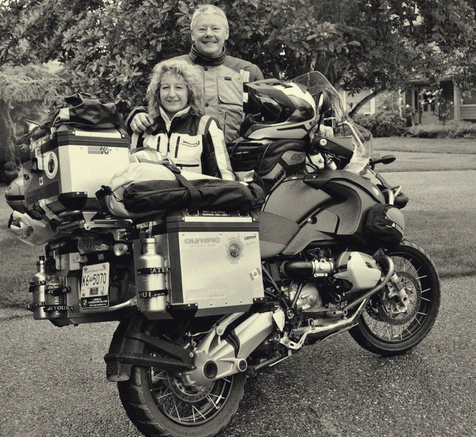 My husband, myself and 'Big Red', the bike that took us around the world!