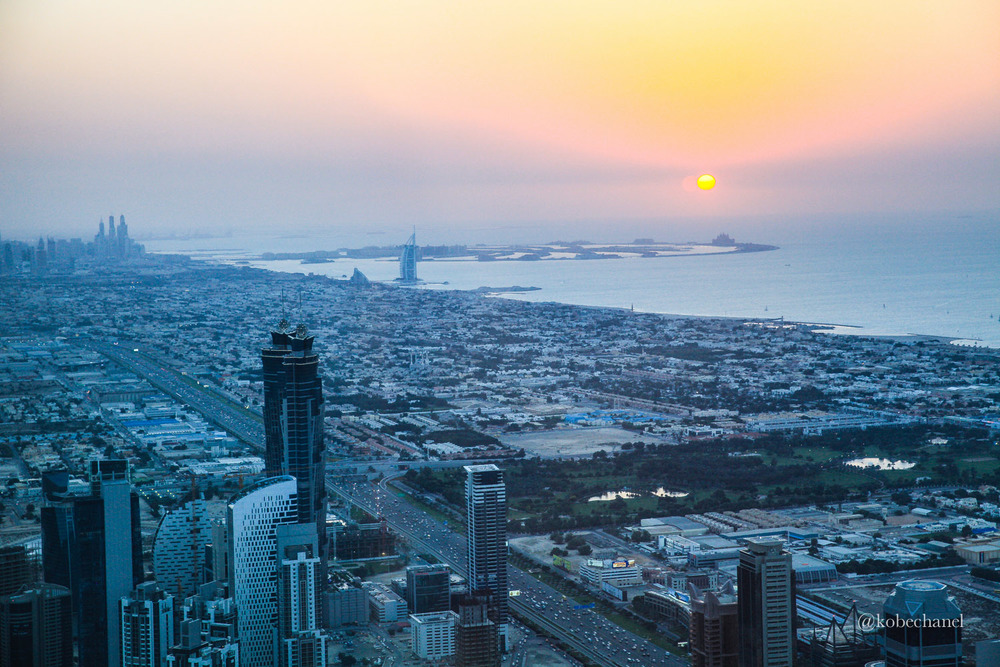 View from the top of Burj Khalifa at sunset