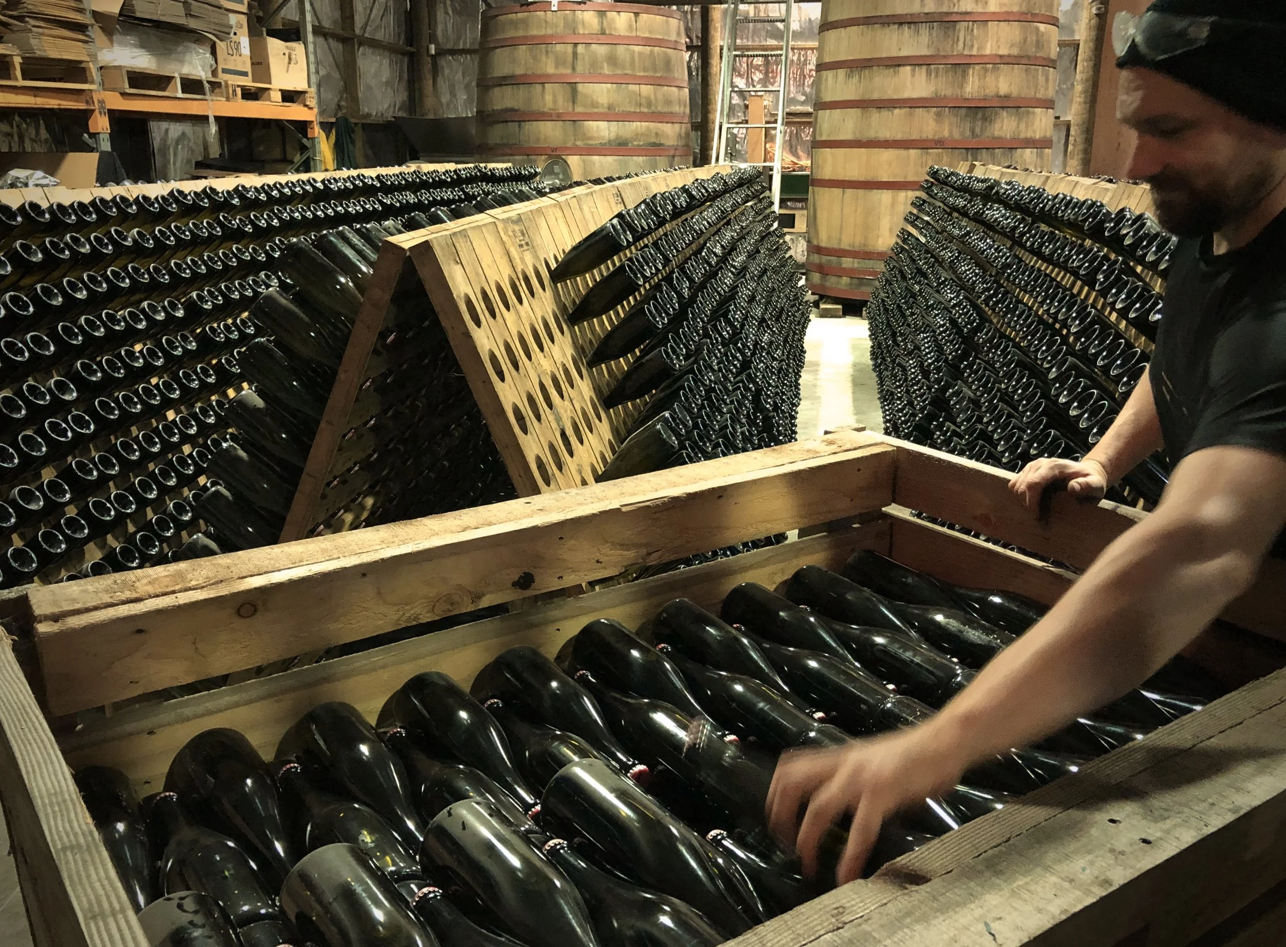 Assistant Winemaker Luca Fant setting up our riddling racks to start the riddling process for the Huia Brut Rosé 2017 which will be released in September or October this year. Image by Claire Allan