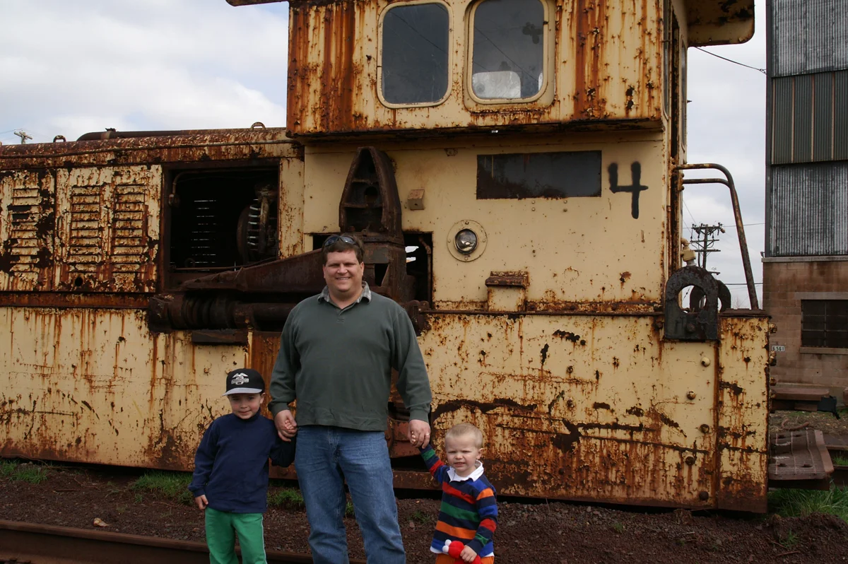 Randy Leiser with his two boys, Paul(left) and Dan(right)on his Grandfather's locomotive.
