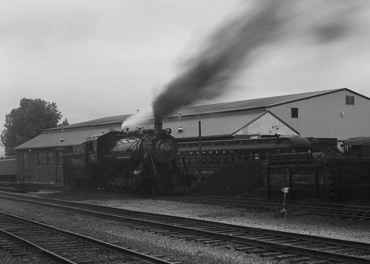 Former Great Western Light Decapod Class 2-10-0 #90 stands on the ready track early in the morning on a foggy August day in 2011.