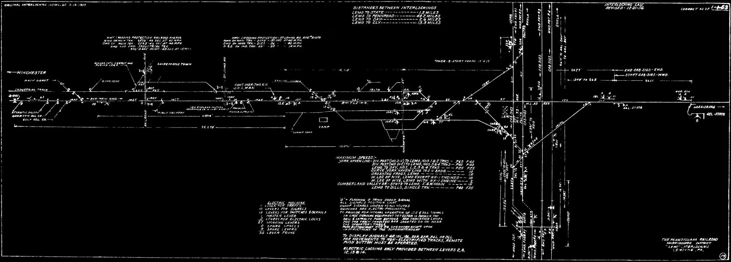 Plate drawing circa 1962 shows the expansive Lemoyne Junction. The horizontal line is the Cumberland Valley line to Hagerstown, Maryland, the vertical lines on the right show the original Northern Central alignment (left pair crossing at grade in front of Lemo tower) and the newer York Haven alignment (right pair passing under the Cumberland Valley).Track charts collection of The Broad Way Webiste