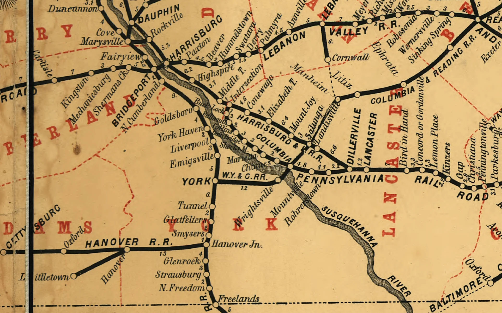 Detail of an 1863 system map shows the integration of the lines purchased under J. Edgar Thompson including the Northern Central which comes from the bottom center heading directly toward Hanover Junction. (Rutgers University Collection)